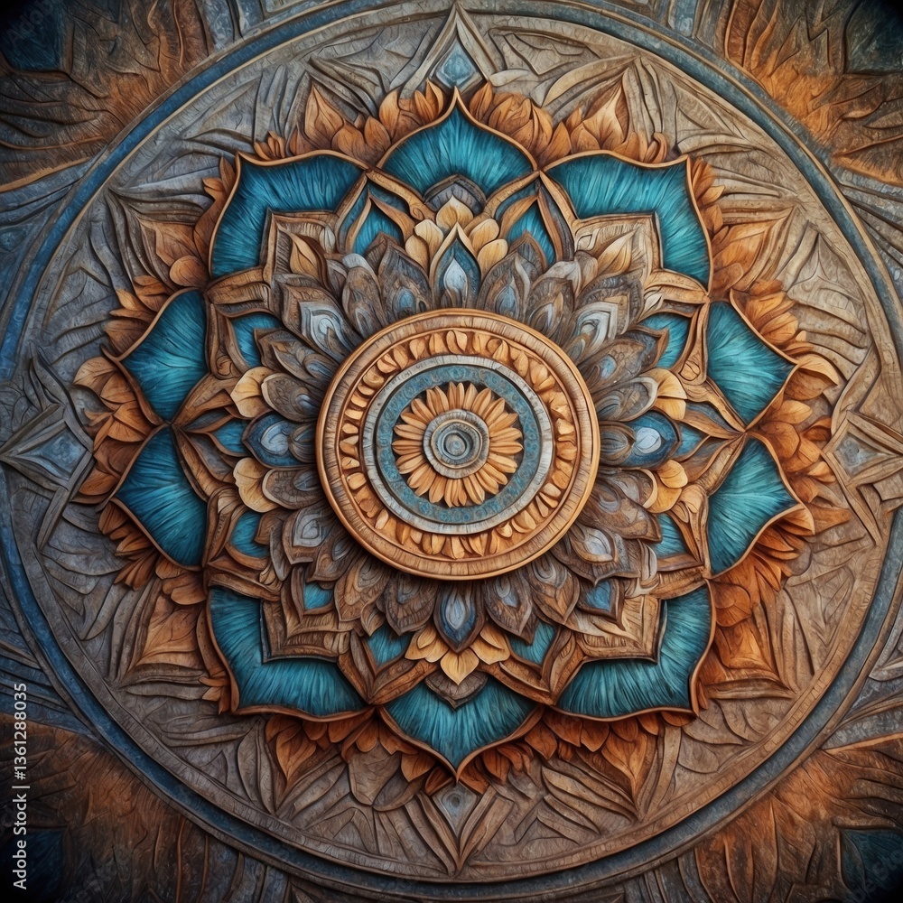 Obraz premium Abstract floral mandala design with blue and orange geometric circle elements