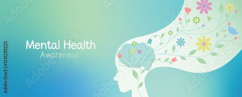 Mental health awareness vector banner with human head, brain and flowers flowing illustration.