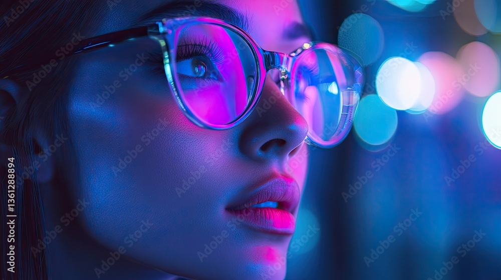 Neon City Night: Woman's Profile. Neon City Night: Woman's Profile.