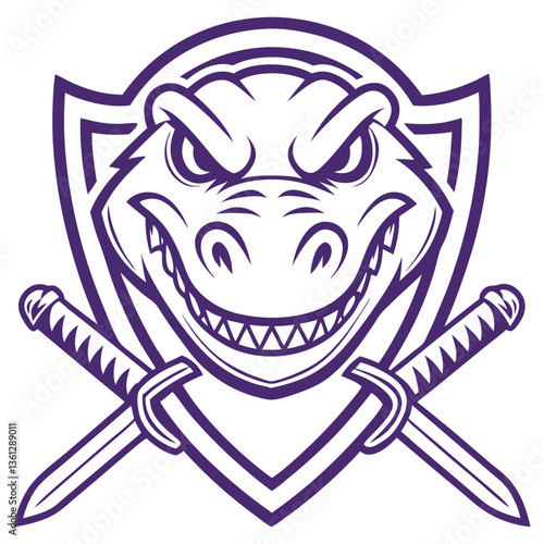 Alligator with Swords Badge Illustration, Purple Reptile Logo With Crossed Swords