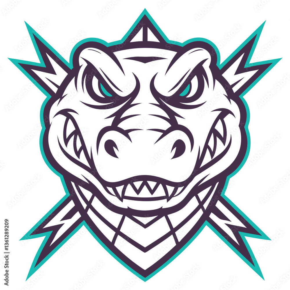 Fototapeta premium Aggressive Alligator Head with Turquoise Accents, Cartoon Crocodile with Sharp Teeth