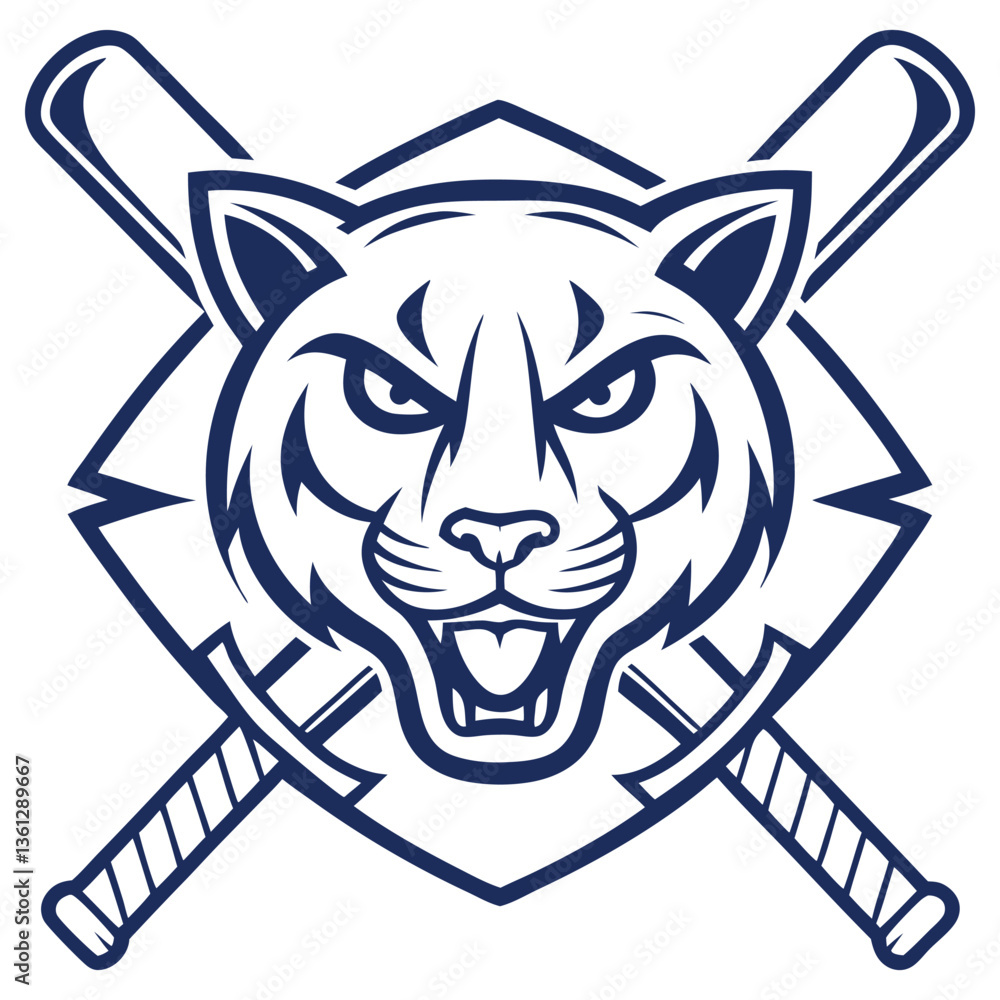 Fototapeta premium Aggressive Tiger Mascot Head with Crossed Bats in Bold Blue Outline Style