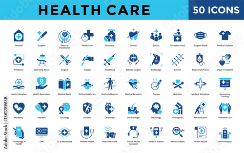 Health Care icons set with hospital, surgeon, general practitioner, pediatrician, pharmacy, dentist, doctor, reception desk, surgeon mask, medical uniform icon. Simple flat vector 
