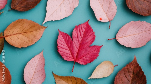 Vibrant Autumn Leaves on Soft Blue Background for Seasonal Decor