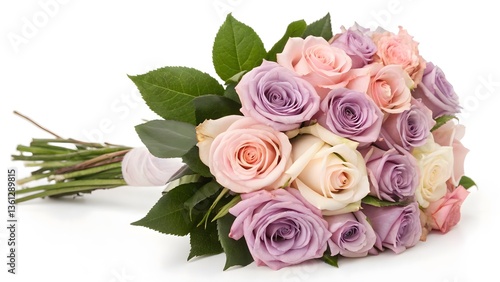 Romantic Bouquet of Pastel Roses, Isolated on a White Background, arranged in a soft and romantic composition, Professional Flower Arrangement Stock Photo