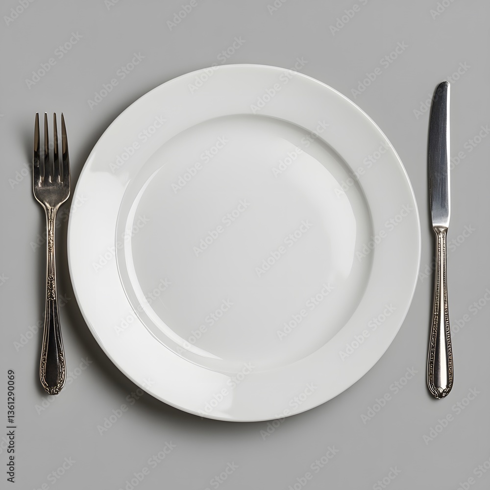Empty plate, cutlery, grey background, studio shot, food menu Empty plate, cutlery, grey background, studio shot, food menu