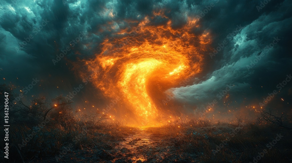Obraz premium Abstract Cosmic Swirl of Orange Energy Bursting Through a Stormy Sky
