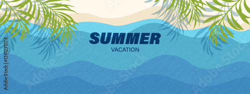 Summer card, banner, cover vector illustration. Sea, ocean waves, beach, sand, palm leaves. Vacation concept. 