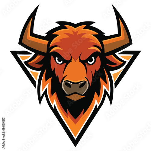 Aggressive Orange Bull Mascot Head with Triangle Modern Design, Horns, Animal