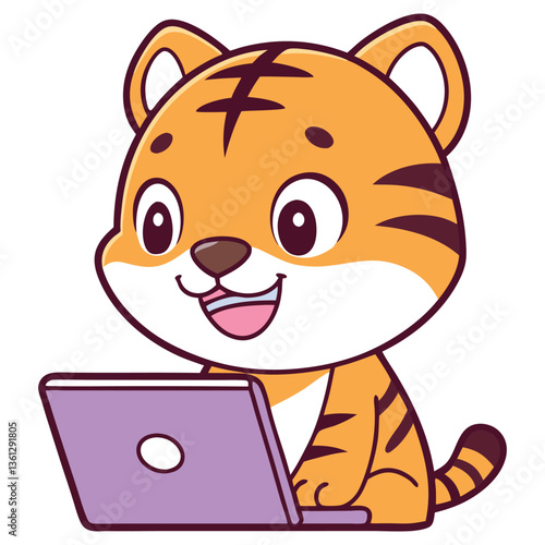 Cartoon Tiger Character using Laptop, Cute, Orange, Stripes, Mammal, Isolated