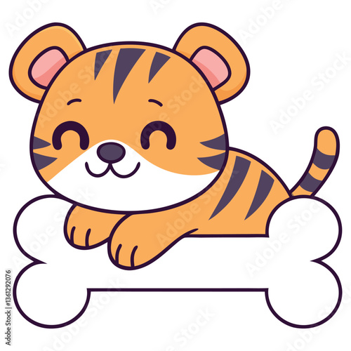Cartoon Tiger Cub Lying Down on Bone, Cute Feline with Strips, Rounded Style