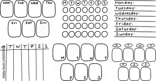 Hand-Drawn Weekly Planner Template – Minimalist Bullet Journal Layout, Habit Tracker, Task Organizer, Daily Schedule, To-Do List, Circular Calendar for Productivity and Goal Tracking

