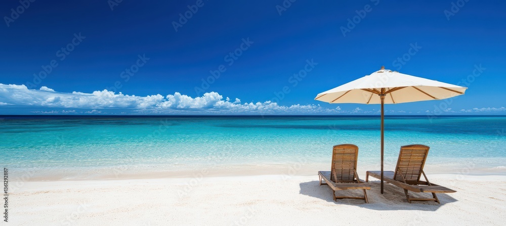 Relaxing Beach Scene with Sun Loungers and Umbrella.