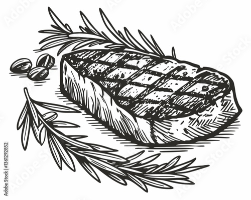 Grilled Steak Illustration Black and White Vintage Food Engraving