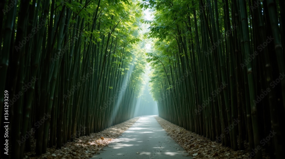 Naklejka premium Off the beaten path concept. Lush bamboo pathway creating a serene and tranquil atmosphere.