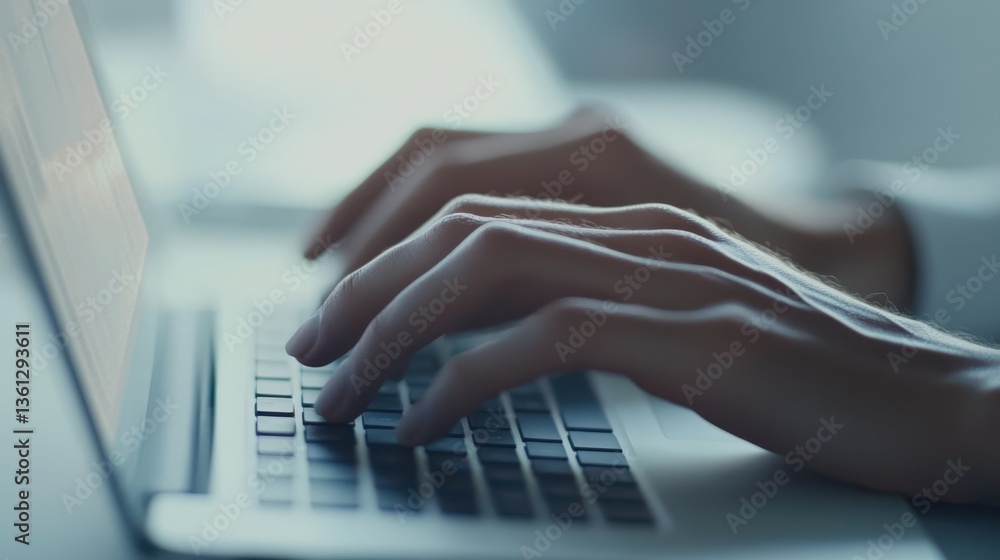 Close-Up of Typing Hands and Blurred Office Background.