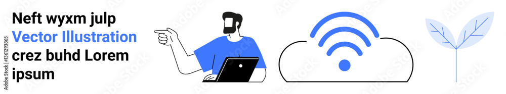 Man gestures while holding laptop, cloud with wireless icon, plant symbolizes nature, growth, sustainability, and tech innovation. Ideal for networking, communication, remote work sustainability Man gestures while holding laptop, cloud with wireless icon, plant symbolizes nature, growth, sustainability, and tech innovation. Ideal for networking, communication, remote work sustainability