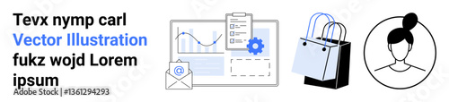 Analytics dashboard with charts, email notification, gear icon, shopping bags, user profile icon. Ideal for e-commerce, marketing, data, retail user experience online business flat landing page
