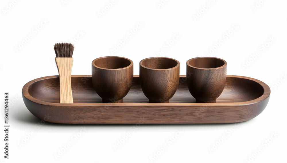 wooden tray with small bowls and spoons with rounded edges and a minimalist style. wooden tray with small bowls and spoons with rounded edges and a minimalist style.