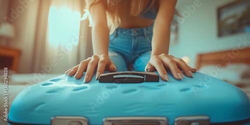 A woman with her hands on a travel suitcase