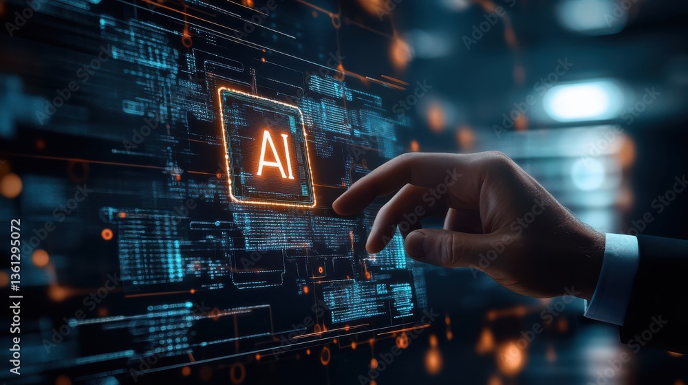 Fototapeta premium Businessman Using Futuristic AI Interface on a blurry background