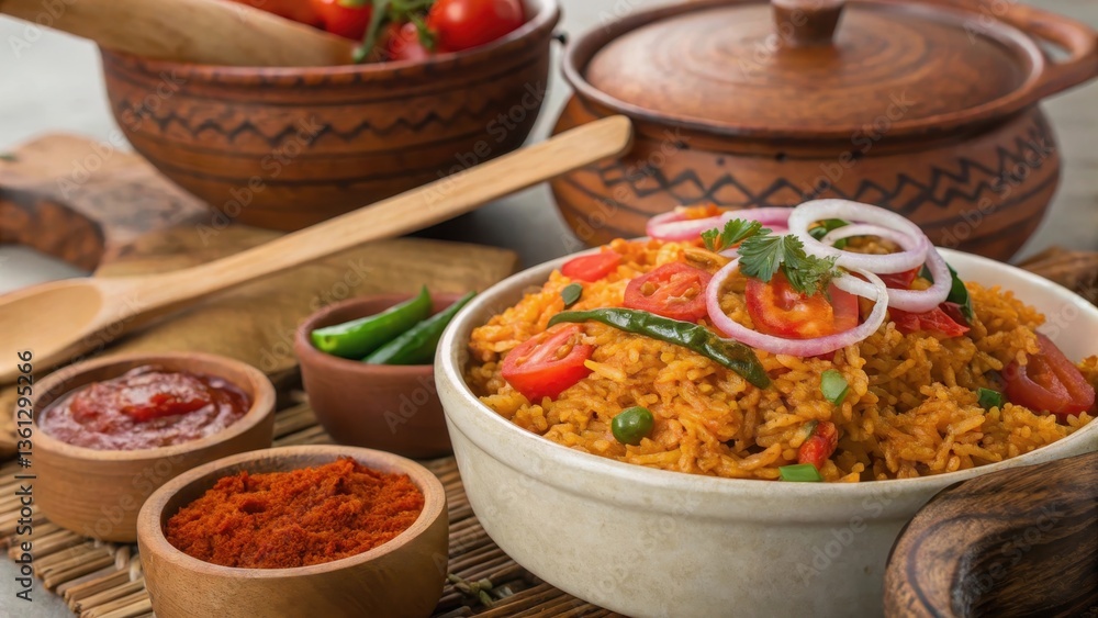 Vibrant dish of rice with spices, tomatoes, and condiments in rustic bowls and wooden utensils. Vibrant dish of rice with spices, tomatoes, and condiments in rustic bowls and wooden utensils.