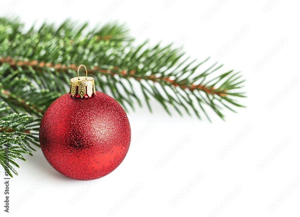Red Christmas Ornament with Pine Branch on White Background Holiday Decor Red Christmas Ornament with Pine Branch on White Background Holiday Decor