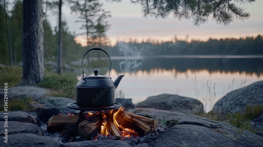 Serene Campfire Scene with Kettle and Reflective Lake at Dusk in Tranquil Wilderness Setting Serene Campfire Scene with Kettle and Reflective Lake at Dusk in Tranquil Wilderness Setting