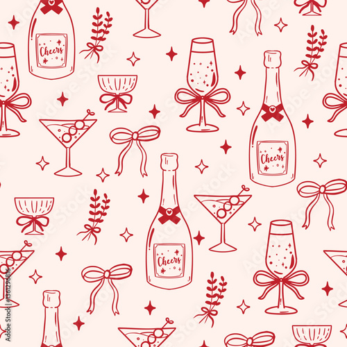 Cute champagne bottle and glass coquette ribbon background
