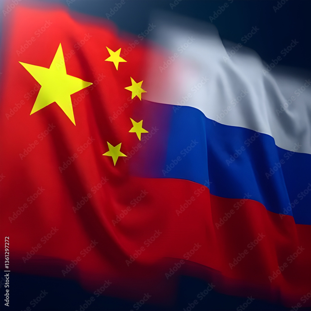 China and Russia's intertwined flags symbolize a powerful alliance, a dramatic blend of red, yellow, white, and blue waving together in a dynamic display of international relations. China and Russia's intertwined flags symbolize a powerful alliance, a dramatic blend of red, yellow, white, and blue waving together in a dynamic display of international relations.
