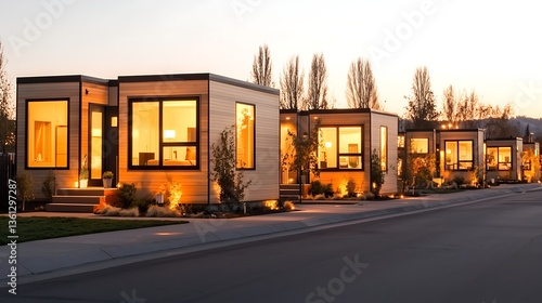 Evening illumination of modern tiny homes urban neighborhood photography tranquil setting aerial view innovative living