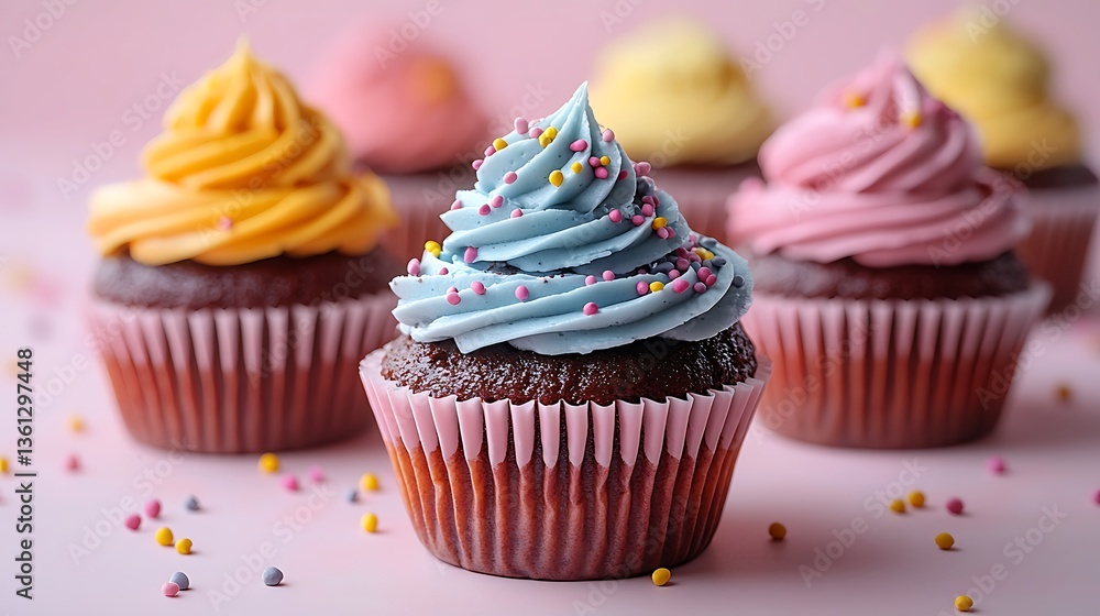Colorful Cupcake with Frosting and Sprinkles on Bright Background Colorful Cupcake with Frosting and Sprinkles on Bright Background