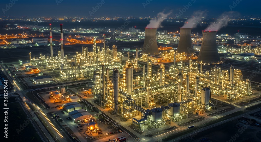 Obraz premium Aerial View of Industrial Plant at Night with Bright Lights and Towers