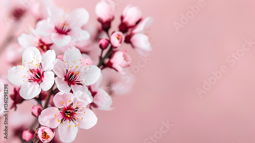Delicate Cherry Blossom Branch Displaying Springtime Floral Beauty Against a Pale Pink Background