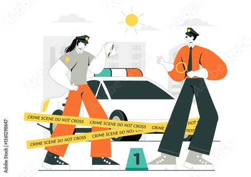 Crime Scene Investigation Illustration Featuring a Team of Investigators Collecting Crime Evidence and Examining a Victim's Death Incident