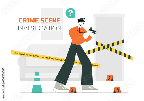 Crime Scene Investigation Illustration Featuring a Team of Investigators Collecting Crime Evidence and Examining a Victim's Death Incident