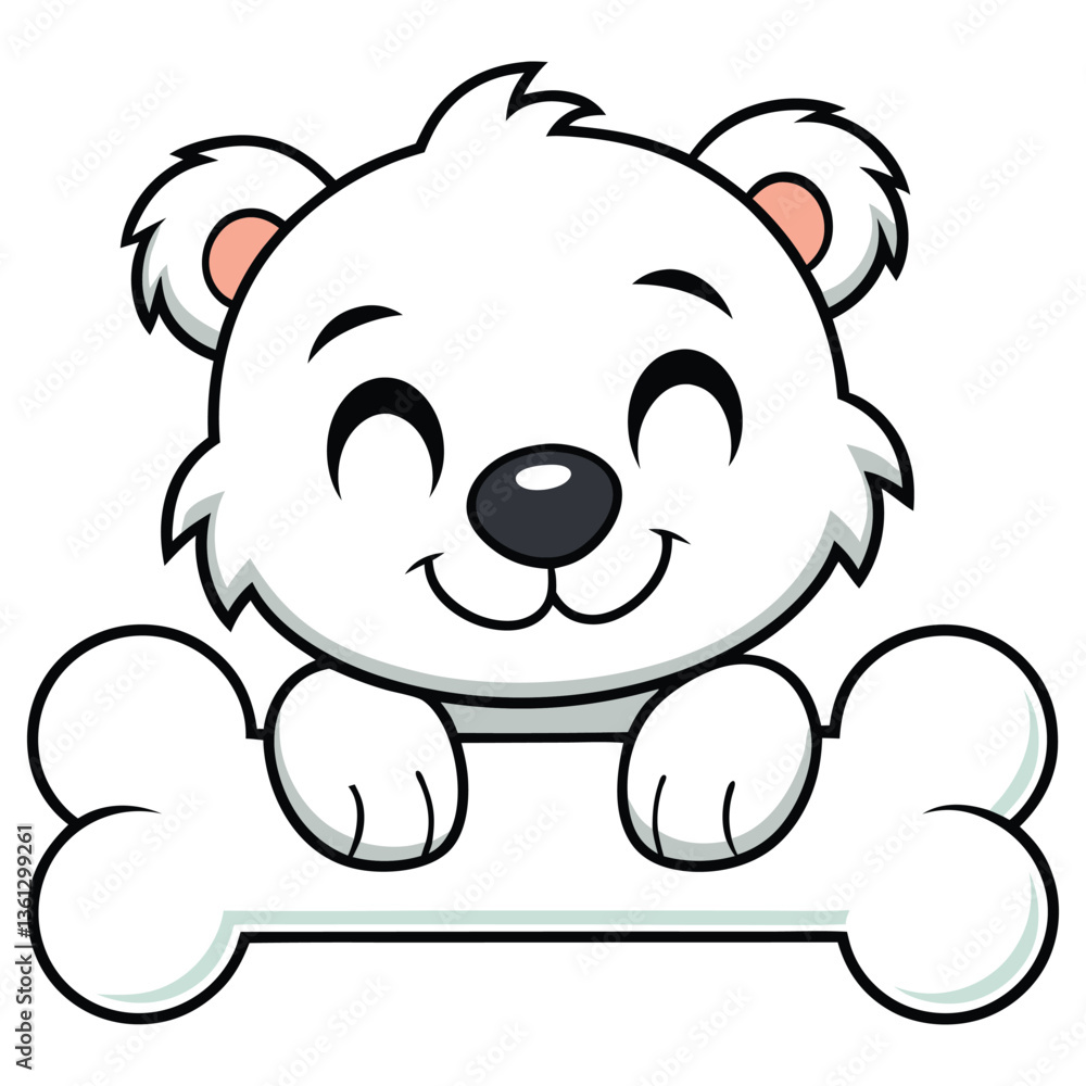 Obraz premium Cartoon Polar Bear Holding Bone, Smiling, White Fur, Happy Expression, Outline, Cute