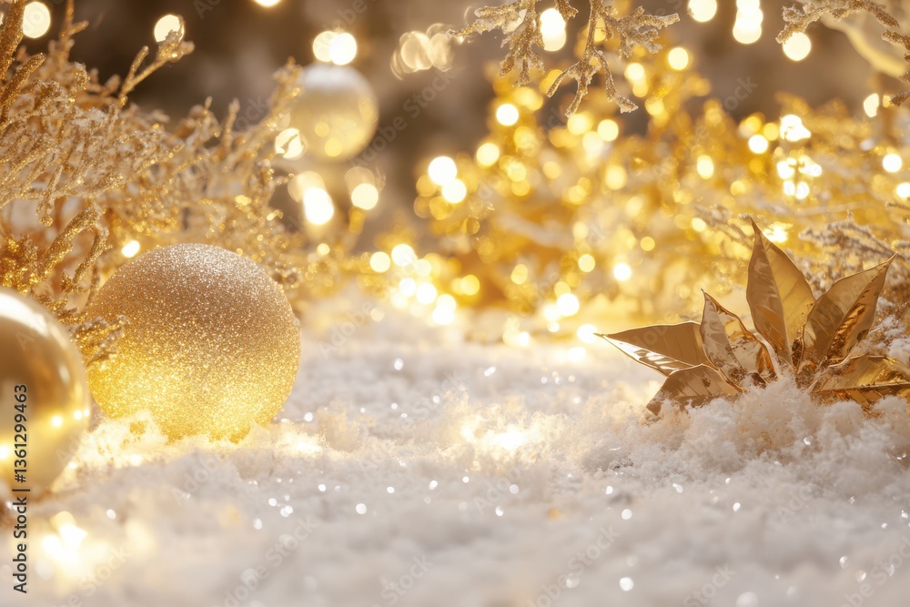 Snowy scene with golden Christmas decorations and lights on a blurry background