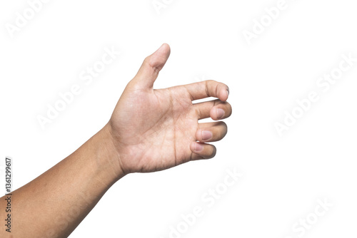Foto male hand showing empty open palm hand grabbing or holding something isolated on white background
