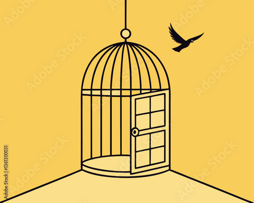 Bird flying away from open cage, symbolizing freedom and liberation. Empty birdcage with open door as a metaphor for escape and independence.