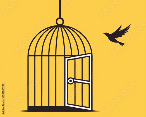 Bird flying away from open cage, symbolizing freedom and liberation. Empty birdcage with open door as a metaphor for escape and independence.