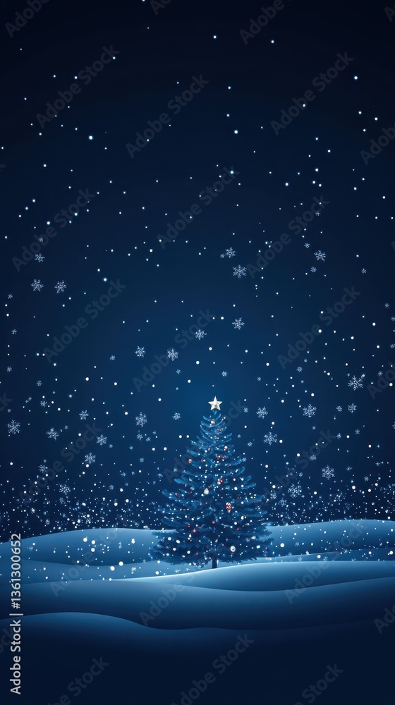 Blue Christmas background with snowflakes and Christmas tree