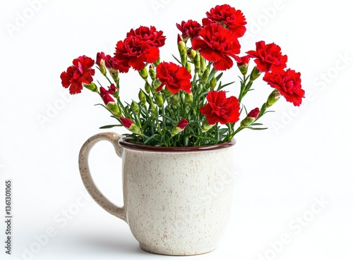Wallpaper Mural Blooming Red Carnations in a Rustic Mug Against White Background Still Life Torontodigital.ca