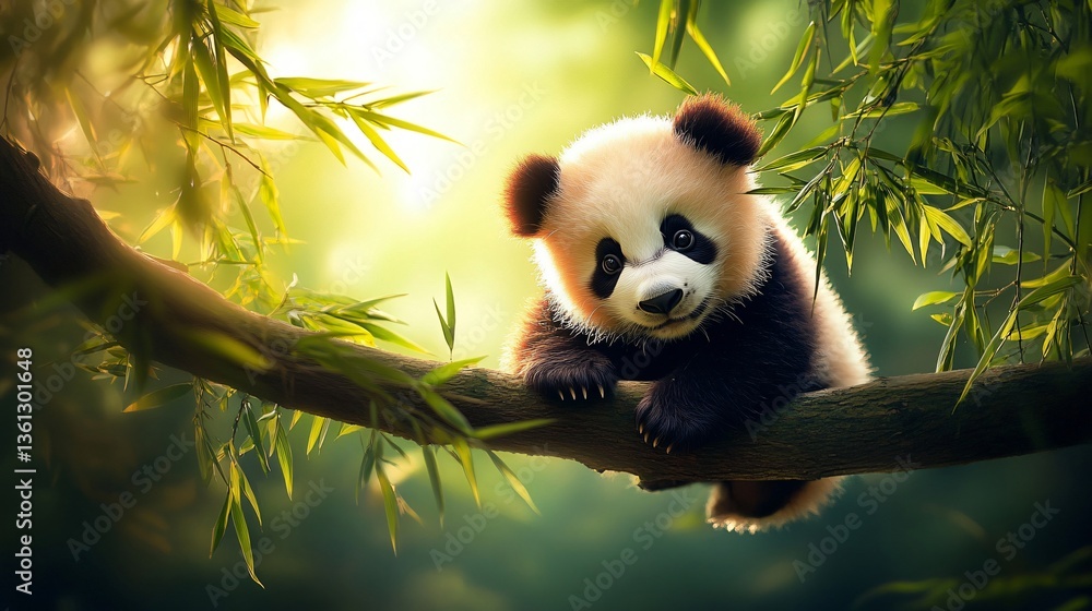Obraz premium An adorable panda cub sitting on a branch smiling softly