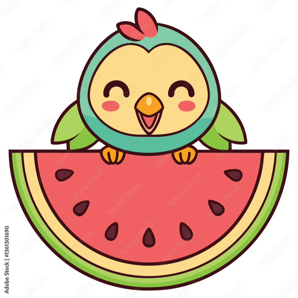 Obraz premium Happy Cartoon Bird Character with Watermelon Slice, Summer, Fresh Fruit, Cute Mascot