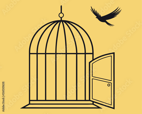 Bird flying away from open cage, symbolizing freedom and liberation. Empty birdcage with open door as a metaphor for escape and independence.