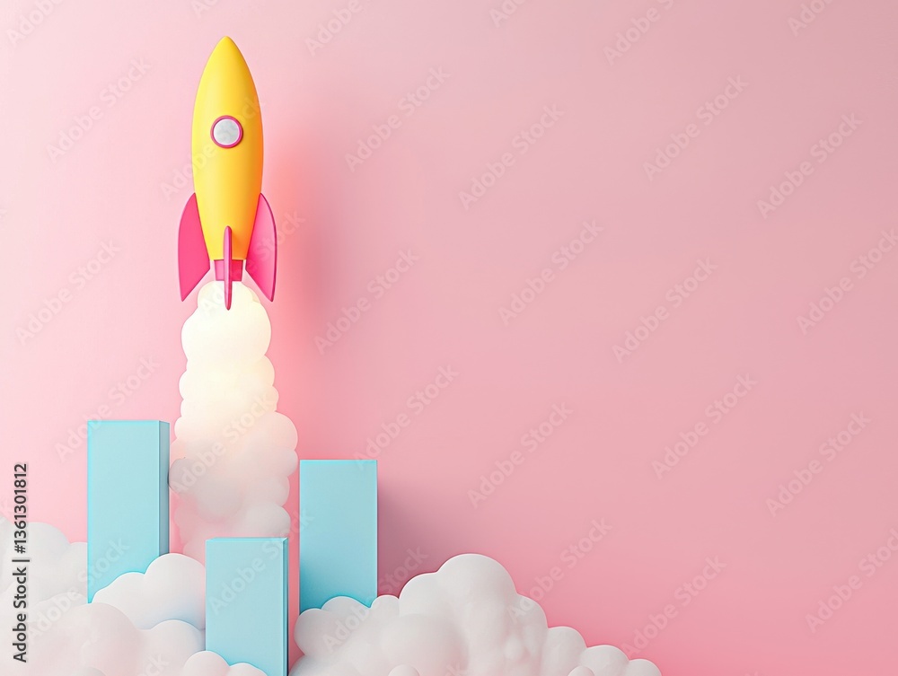 Colorful Rocket Launching Above Cubes in a Pink Background Colorful Rocket Launching Above Cubes in a Pink Background