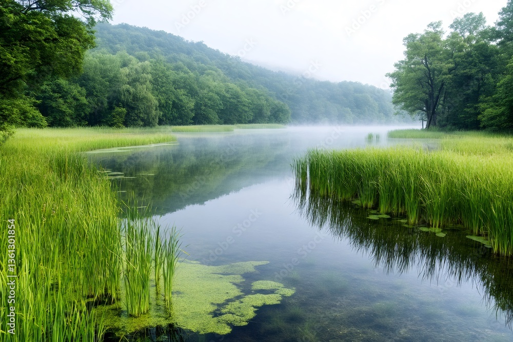 Obraz premium Pristine lake reflecting surrounding lush vegetation and morning mist