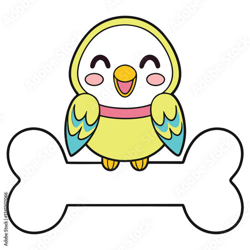 Cartoon Budgie Bird Sitting Bone, Cute, Yellow, Blue, Smiling, Happy, Isolated, Funny