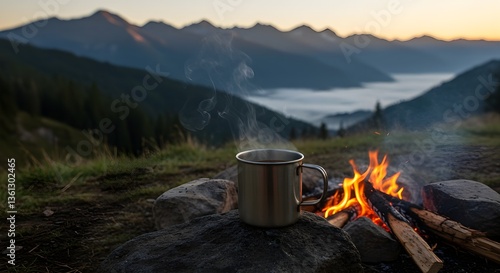 Café junto a la fogata con vista a la montaña